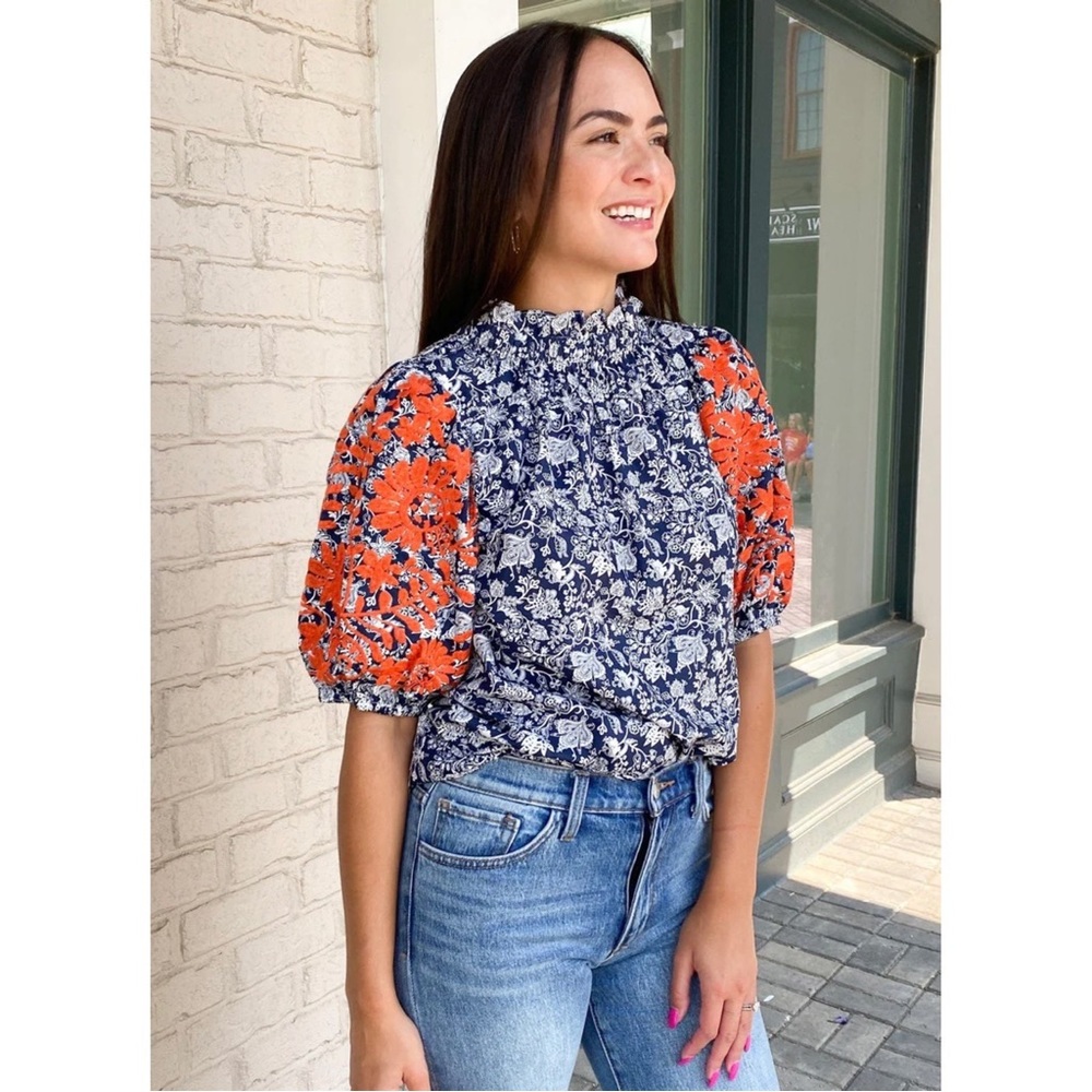 THML Navy Printed Smocked High Neck Embroidered Puff Sleeve Top